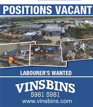 May be an image of 3 people, outdoors and text that says "POSITIONS VACANT VINSBINS N LABOURER'S WANTED VINSBINS 5981 5981 www.vinsbins.com"